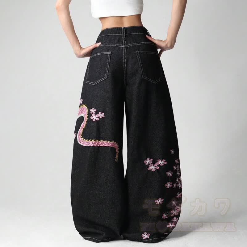 Vintage Jeans mit Drachen- und Blumenmuster und weitem Bein - image 4