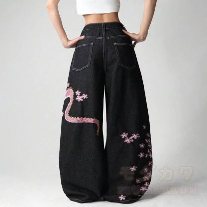 Vintage Jeans mit Drachen- und Blumenmuster und weitem Bein - image 4