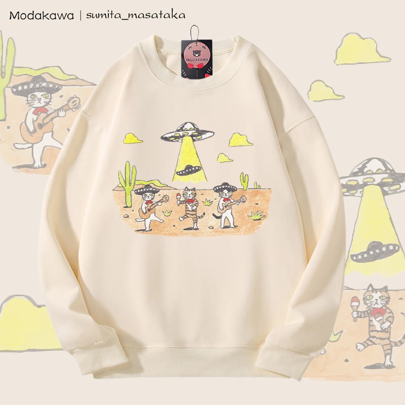 MODAKAWA X sumita_masataka Cat Band And The UFO Graphic Unisex Sweatshirt - Beige - 5XL - image 3