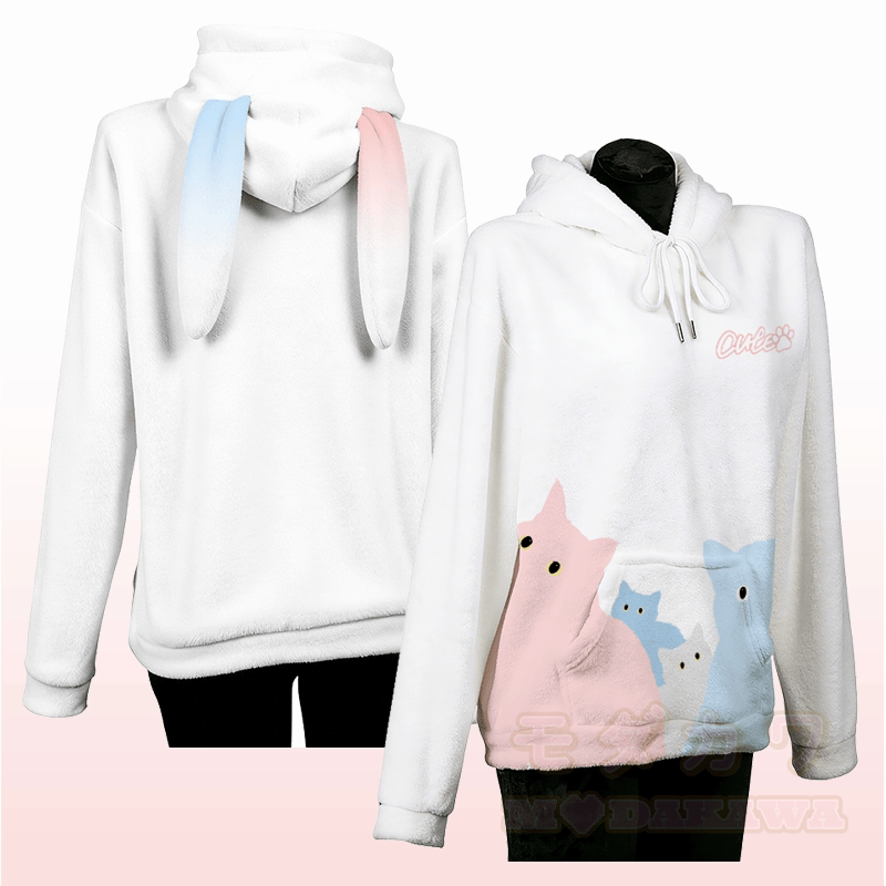 MODAKAWA Gradient Cat Crowd Grafik-Plüschhoodie mit Hasenohren - Weiß - 4XL - image 4