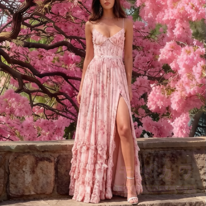 Spaghetti-Träger-Sommerkleid mit hohem Schlitz und Rüschen für Damen – Strandkleid - image 3
