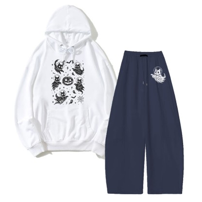 MODAKAWA Ghost Cat Pumpkin Hoodie Wide Leg Pants Zweiteiliges Set - White&Purplish Blue - 5XL - image 5