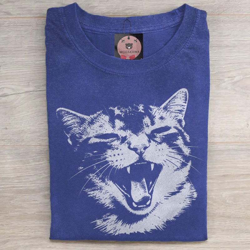 MODAKAWA Unisex-T-Shirt mit Katzenmotiv im Vintage-Stil, gewaschen - Blue - 5XL - image 4