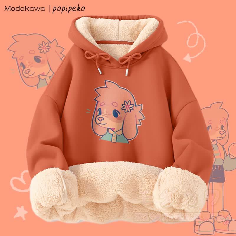 MODAKAWA X popipeko Niedlicher Welpen-Print Winterhoodie mit dickem Fleecefutter - Orange B - 2XL - image 8