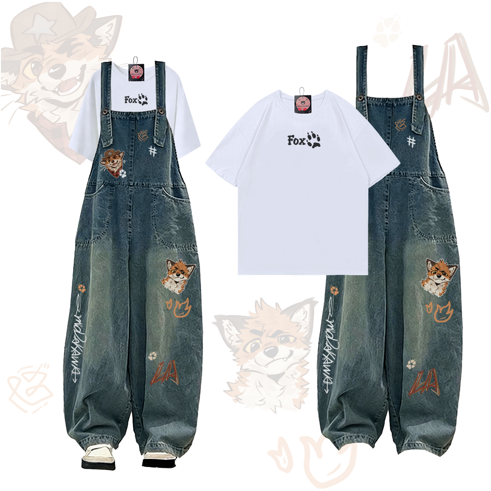 MODAKAWA X atka Verspieltes Fuchspfoten-Grafik-T-Shirt und Jeans-Latzhose Zweiteiliges Set - White - 2XL - image 2