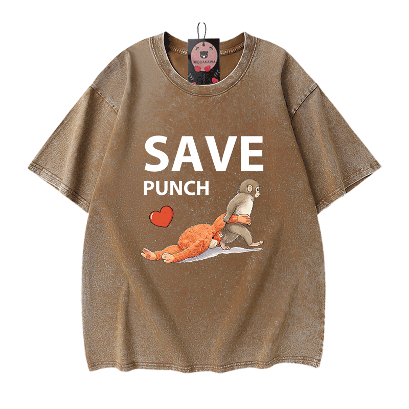 SAVE PUNCH Monkey Graphic Modakawa Unisex Vintage Washed T-Shirt - Brown - 5XL - image 5