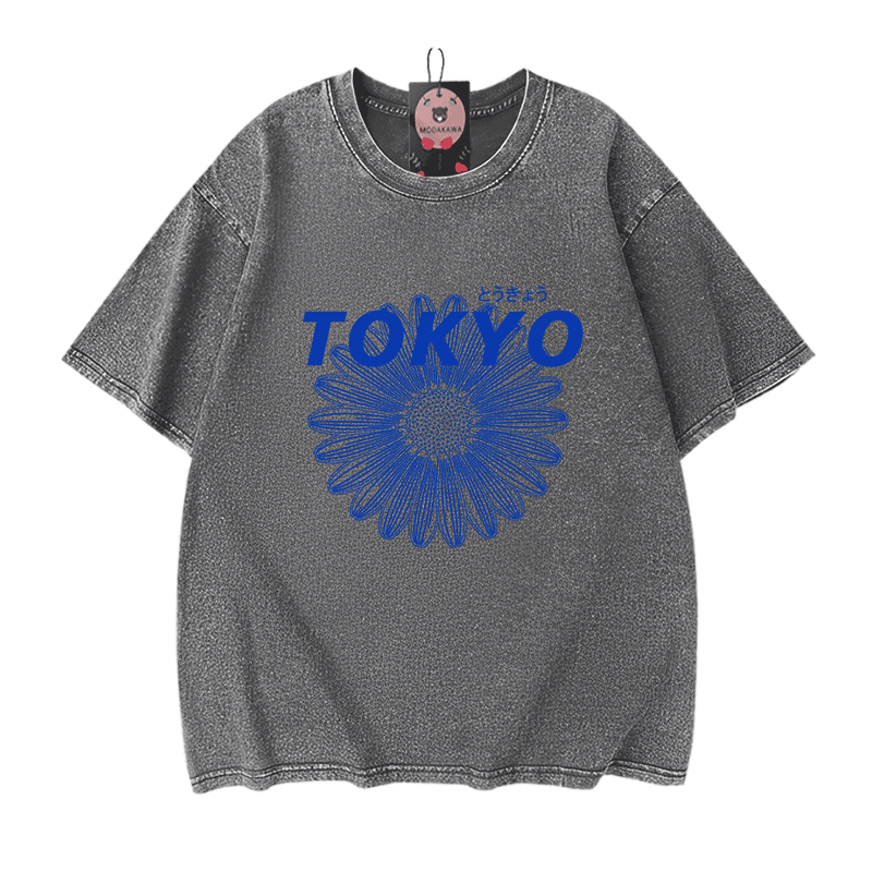 TOKYO Blumengrafik Modakawa Vintage gewaschenes T-Shirt aus 100% Baumwolle - Grey - 5XL - image 9