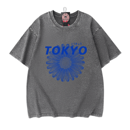 TOKYO Blumengrafik Modakawa Vintage gewaschenes T-Shirt aus 100% Baumwolle - Grey - 5XL - image 9