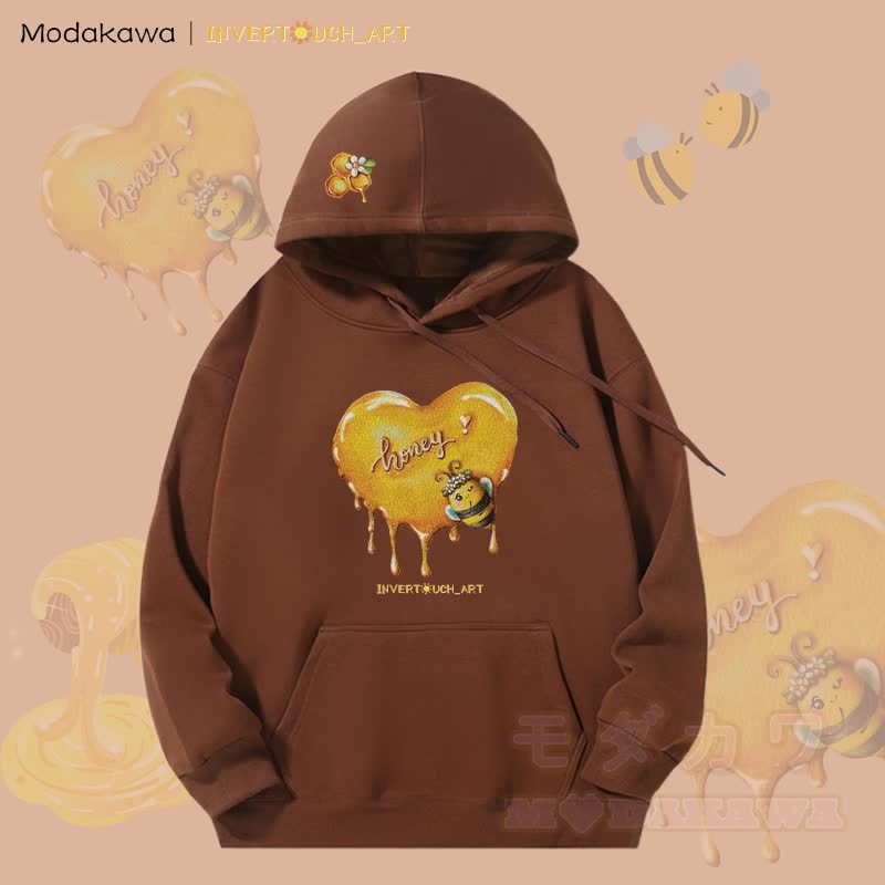 MODAKAWA X INVERTOUCH_ART Hoodie mit Honigbienen-Motiv und Fleece-Futter - Braun - 5XL - image 5