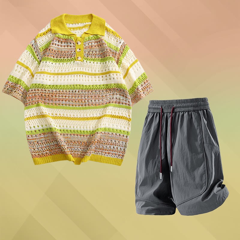Gestreiftes Poloshirt aus offenem Strick, schnelltrocknende Shorts mit Kordelzug, passendes Outfit von Modakawa - Two Pieces Set F - 2XL - image 6