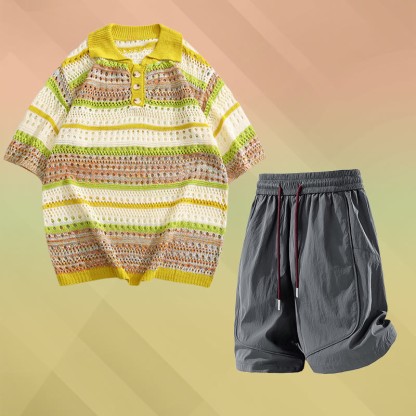 Gestreiftes Poloshirt aus offenem Strick, schnelltrocknende Shorts mit Kordelzug, passendes Outfit von Modakawa - Two Pieces Set F - 2XL - image 6