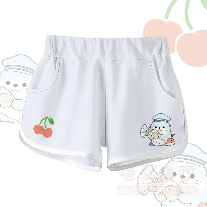 Modakawa Zweiteiler-Set: Niedliches T-Shirt mit Seehundmotiv aus 100 % Baumwolle, Shorts mit Farbverlauf - Weiße Shorts - 5XL - image 6