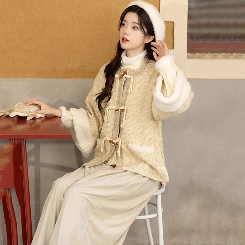 Vintage-Jacke mit quadratischem Ausschnitt, Oberteil mit Schnalle, Hose mit weitem Bein, dreiteiliges Set - image 8