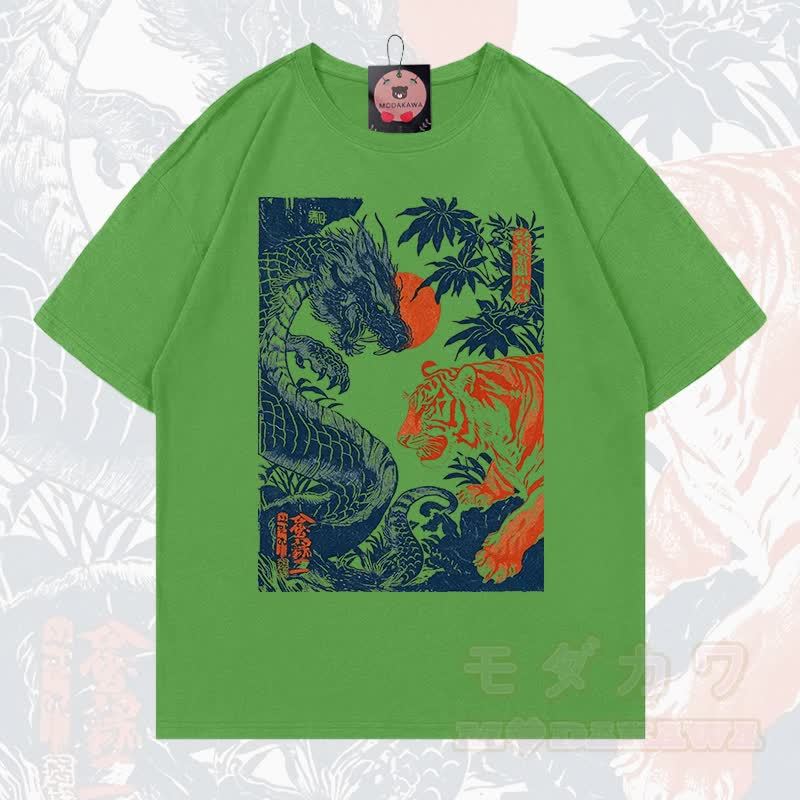 MODAKAWA Sommer-T-Shirt mit Drachen- und Tigerprint, lockere Passform, Kurzarm - Mineralgrün - 5XL - image 13