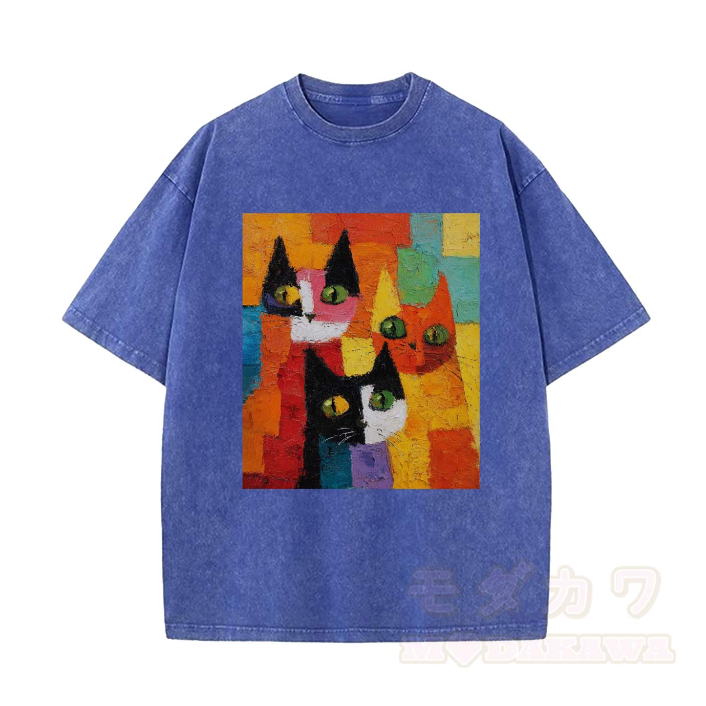 MODAKAWA T-Shirt im Vintage-Look mit niedlichem Katzenmotiv - Blau - 5XL - image 6