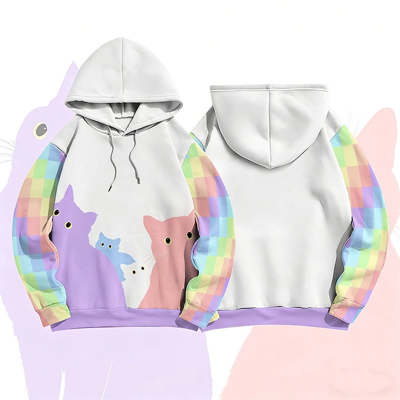 MODAKAWA Pullover-Hoodie mit Regenbogenkatzen-Motiv und Allover-Print - White B - 6XL - image 7