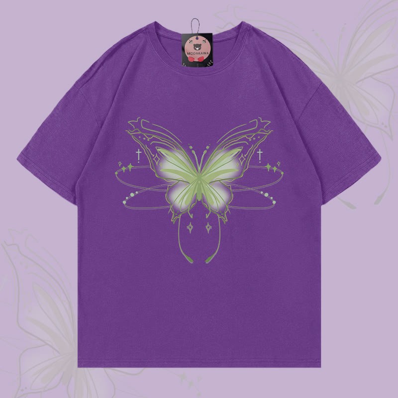 MODAKAWA T-Shirt mit leuchtendem Schmetterlingsmotiv - Dark Purple - 5XL - image 5