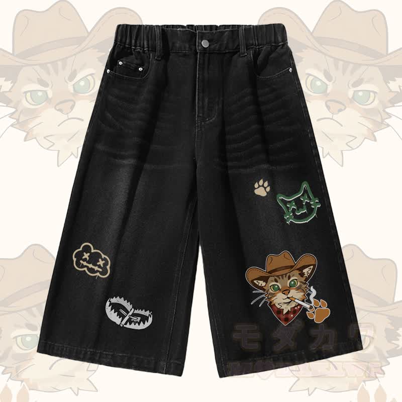 Modakawa Vintage-T-Shirt mit Katzenmotiv und passenden Jeansshorts - Schwarze Shorts - 3XL - image 3