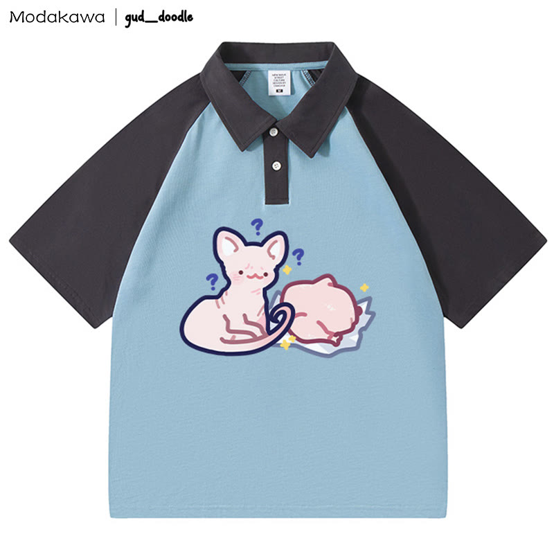 MODAKAWA X gud_doodle Polo-T-Shirt mit „Kitty Chicken“-Buchstabendruck - Blue&Grey - 4XL - image 6