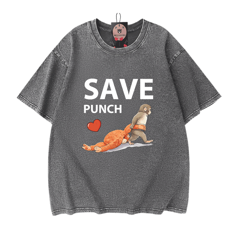 SAVE PUNCH Monkey Graphic Modakawa Unisex Vintage Washed T-Shirt - Grey - 5XL - image 7