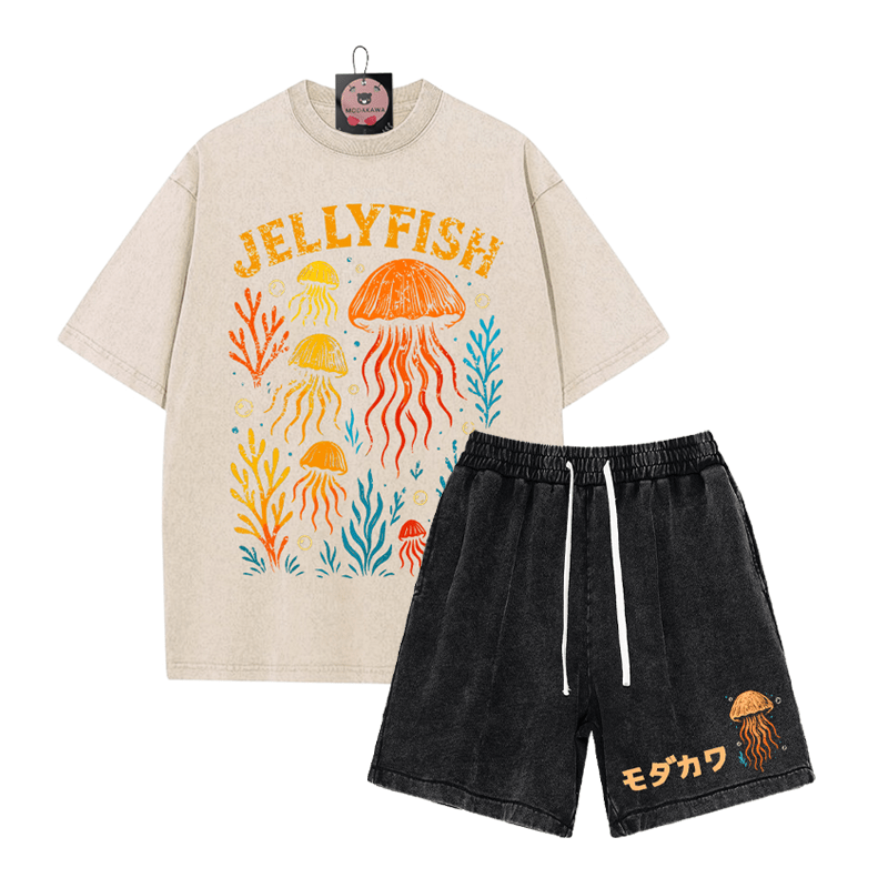 JELLYFISH T-Shirt Vintage Washed Shorts MODAKAWA Zweiteiliges Set - Apricot&Black - 3XL - image 6