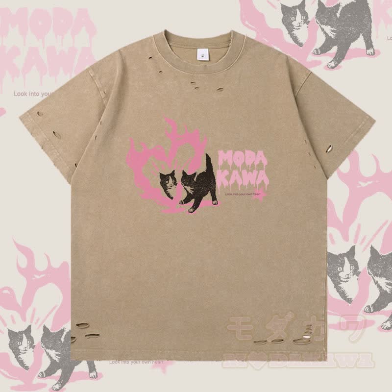 Modakawa Ripped T-Shirt mit Herzkatzen-Grafik - Braun - 2XL - image 3