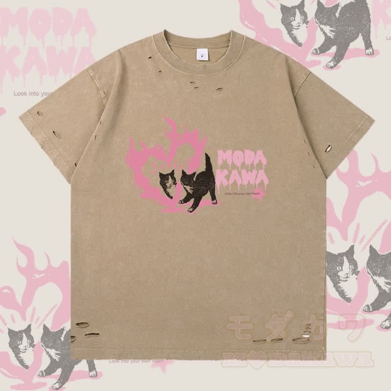 Modakawa Ripped T-Shirt mit Herzkatzen-Grafik - Braun - 2XL - image 3