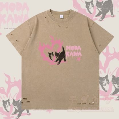 Modakawa Ripped T-Shirt mit Herzkatzen-Grafik - Braun - 2XL - image 3