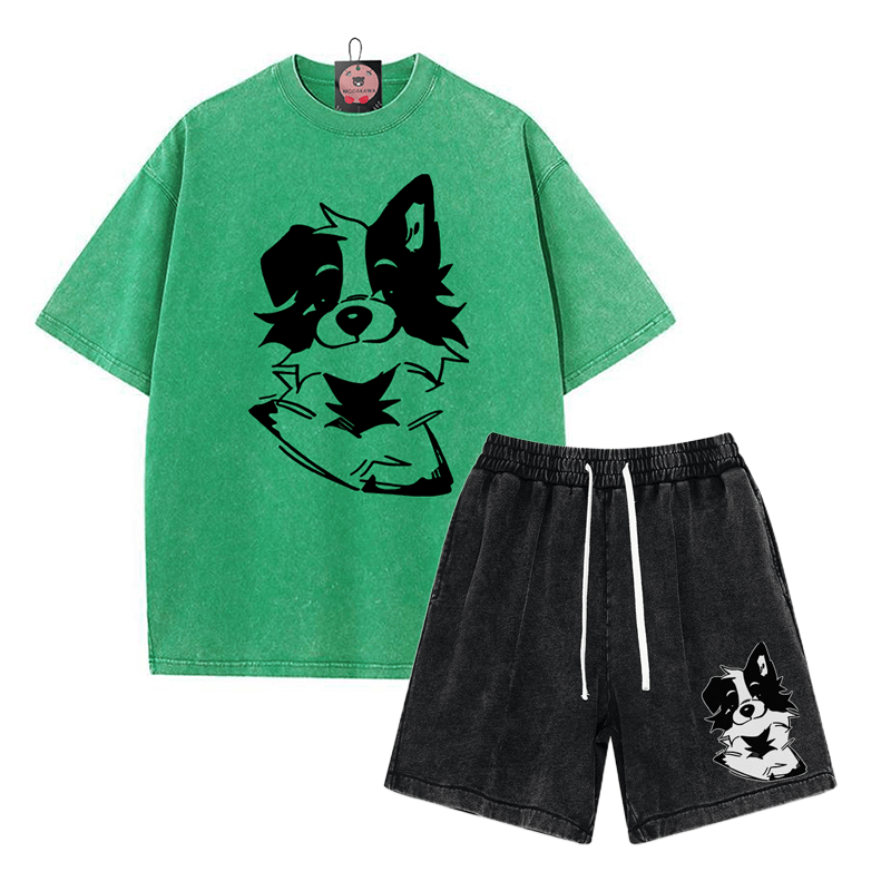 Zweiteiliges Set mit T-Shirt mit flauschiger Welpengrafik und verwaschenen Vintage-Shorts - Green&Black - 3XL - image 9