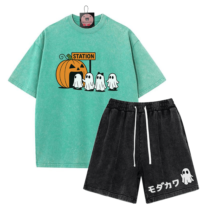 T-Shirt mit Kürbisgeist-Print, verwaschene Vintage-Shorts , MODAKAWA Zweiteiler-Set - Green&Black - 3XL - image 11
