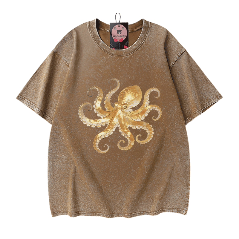 Modakawa Vintage T-Shirt mit Oktopus-Motiv, gewaschen, 100 % Baumwolle - Brown - 5XL - image 7