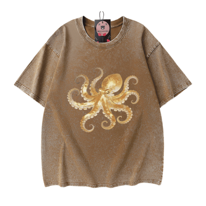 Modakawa Vintage T-Shirt mit Oktopus-Motiv, gewaschen, 100 % Baumwolle - Brown - 5XL - image 7