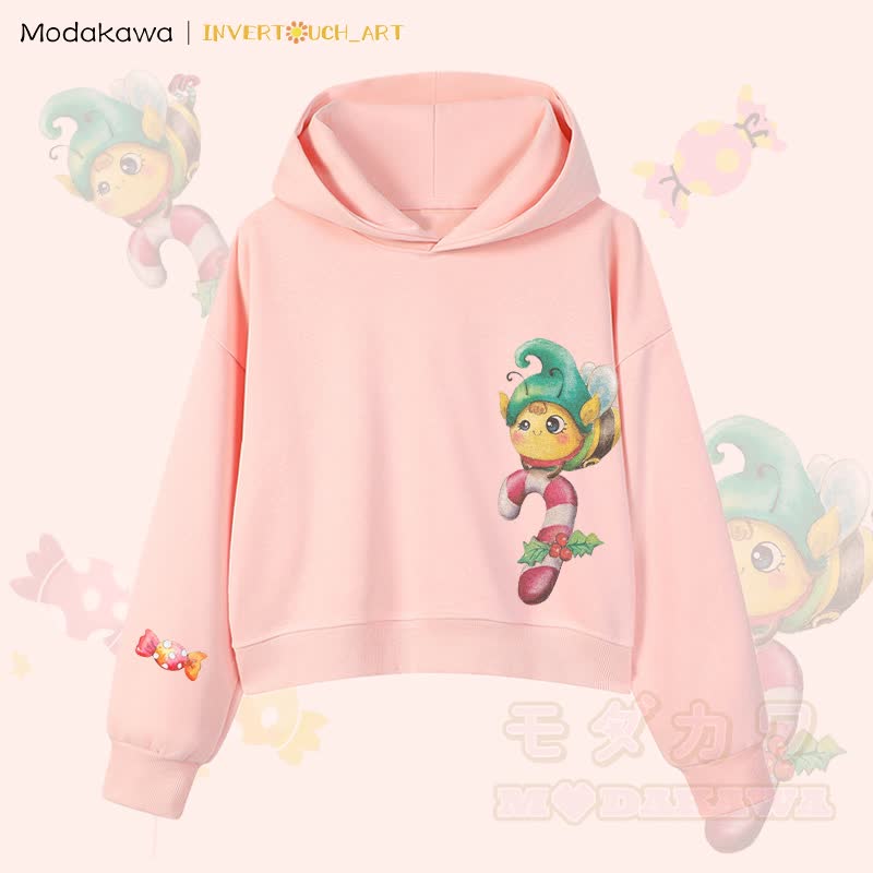 MODAKAWA X INVERTOUCH_ART Niedlicher Weihnachtsbienen-Hoodie Modakawa Cropped Cotton Hoodie - Pink A - 3XL - image 10