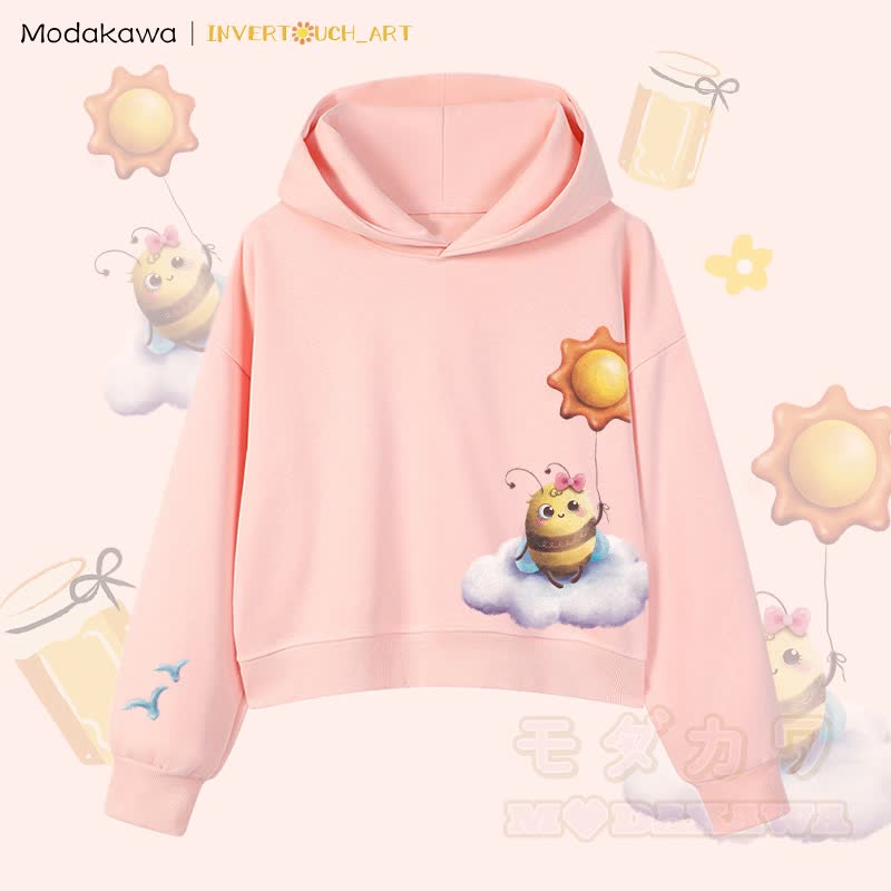 MODAKAWA X INVERTOUCH_ART Cloud Bee Graphic Modakawa Cropped Cotton Hoodie - Pink A - 3XL - image 10