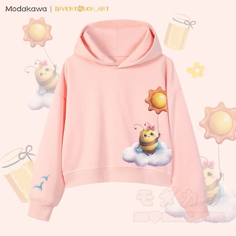 MODAKAWA X INVERTOUCH_ART Cloud Bee Graphic Modakawa Cropped Cotton Hoodie - Pink A - 3XL - image 10