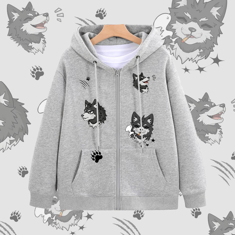 MODAKAWA Kapuzenpullover mit Reißverschluss und fröhlichem Welpenmotiv - Grey - 5XL - image 2