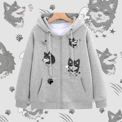 MODAKAWA Kapuzenpullover mit Reißverschluss und fröhlichem Welpenmotiv - Grey - 5XL - image 2