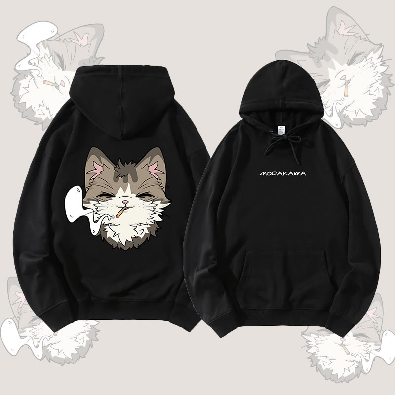 MODAKAWA Smoking Cat Grafik Streetwear Pullover Hoodie - Black - 5XL - image 4
