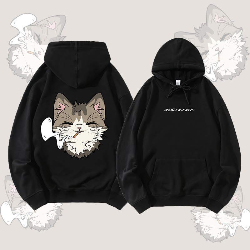 MODAKAWA Smoking Cat Grafik Streetwear Pullover Hoodie - Black - 5XL - image 4
