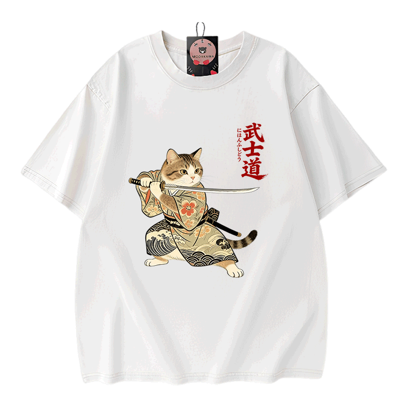 Samurai-Katzen-Grafik Modakawa Vintage gewaschenes T-Shirt aus 100 % Baumwolle - White - 5XL - image 3