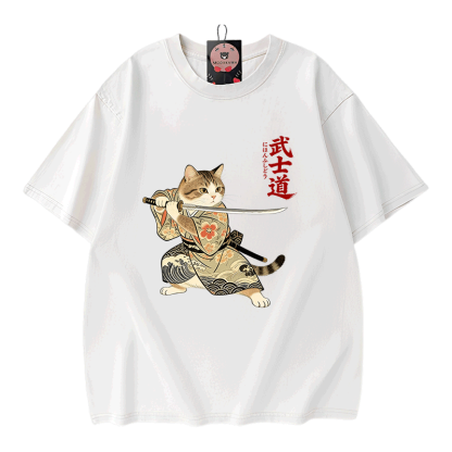 Samurai-Katzen-Grafik Modakawa Vintage gewaschenes T-Shirt aus 100 % Baumwolle - White - 5XL - image 3