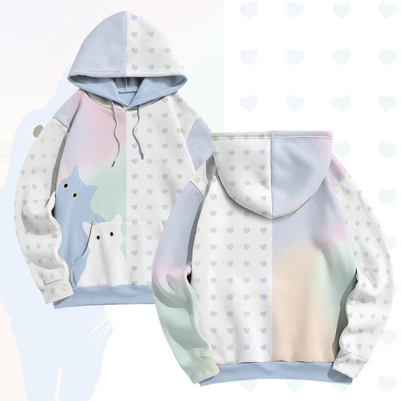MODAKAWA Pullover-Hoodie mit Allover-Print und Katzenherz-Grafik - Blue&White - 8XL - image 3