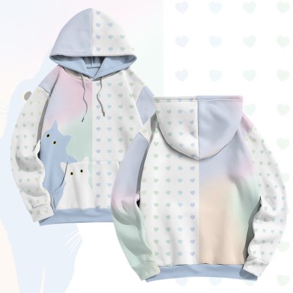 MODAKAWA Pullover-Hoodie mit Allover-Print und Katzenherz-Grafik - Blue&White - 8XL - image 3