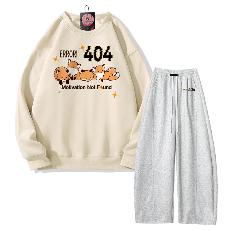 MODAKAWA ERROR 404: MOTIVATION NICHT GEFUNDEN: Fox-Grafik-Sweatshirt, weite Hose, zweiteiliges Set - Beige&Grey - 5XL - image 4