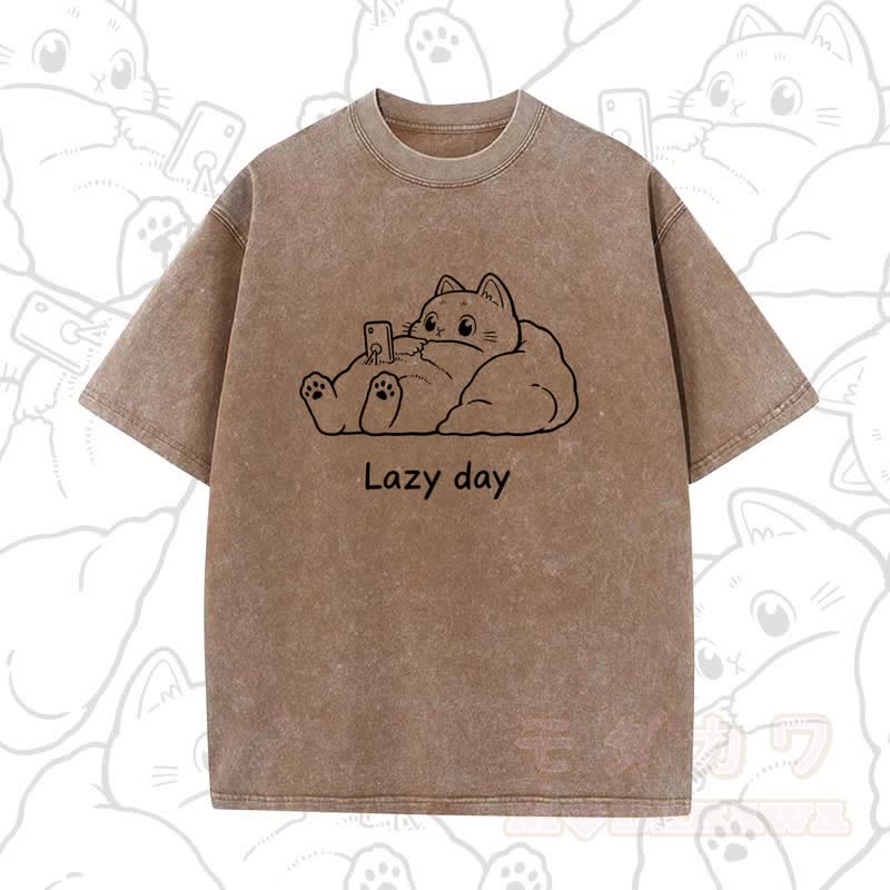 MODAKAWA LAZY DAY Kurzarm-T-Shirt mit niedlichem Katzenprint - Braun A - 5XL - image 12
