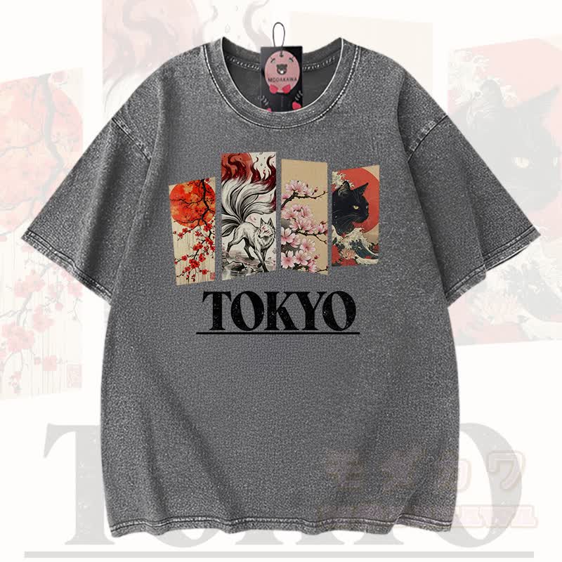 MODAKAWA Vintage TOKYO Fuchs-Kirschblüten-Katzenprint Kurzarm-T-Shirt - Grau - 3XL - image 9