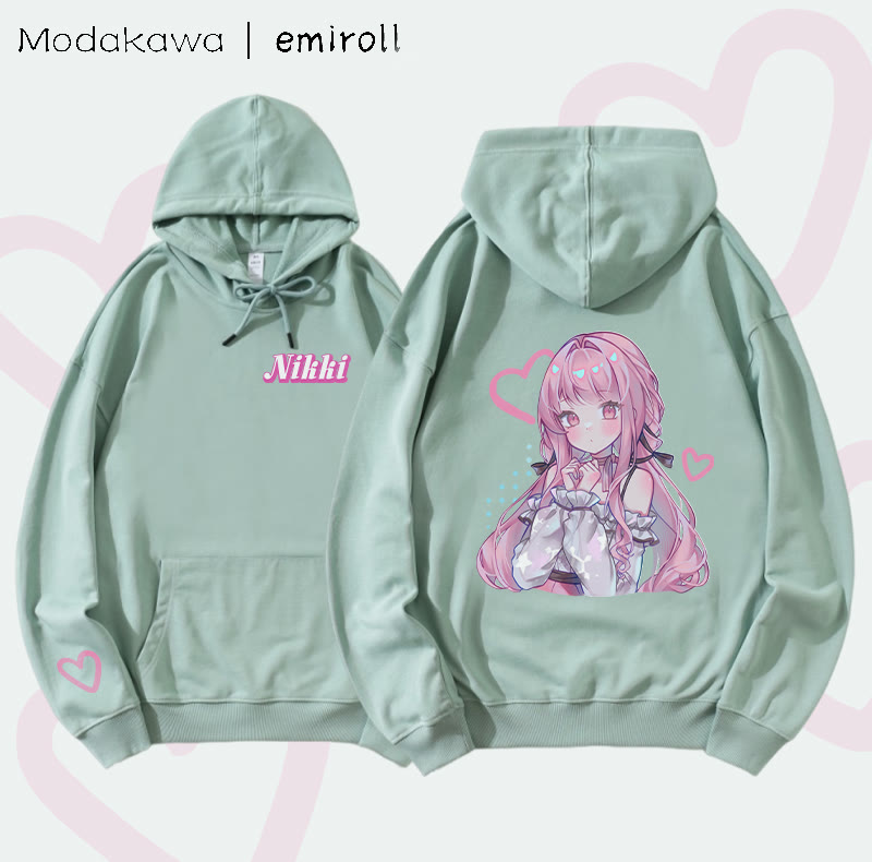 MODAKAWA X emiroll Nikki Herz-Grafik Baumwollmischung Passender Hoodie - Green - 5XL - image 3