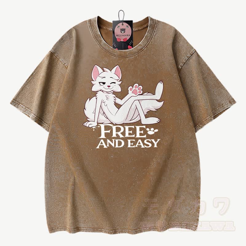 FREE AND EASY: Anime-Fuchs-Grafik, Modakawa Vintage-Waschung, 100 % Baumwolle, T-Shirt - Braun - 3XL - image 3