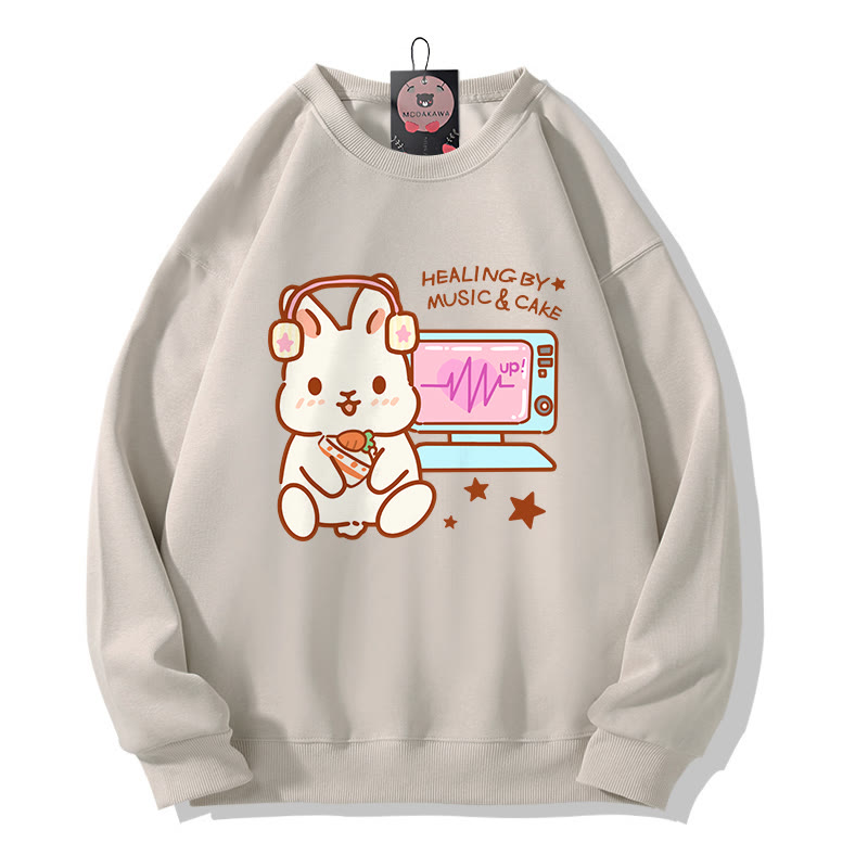 HEILUNG DURCH MUSIK KUCHEN Musik hören Hasen-Grafik Rundhals-Sweatshirt - Light Beige - 5XL - image 3