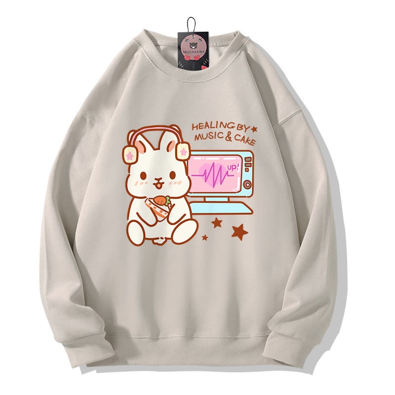 HEILUNG DURCH MUSIK KUCHEN Musik hören Hasen-Grafik Rundhals-Sweatshirt - Light Beige - 5XL - image 3